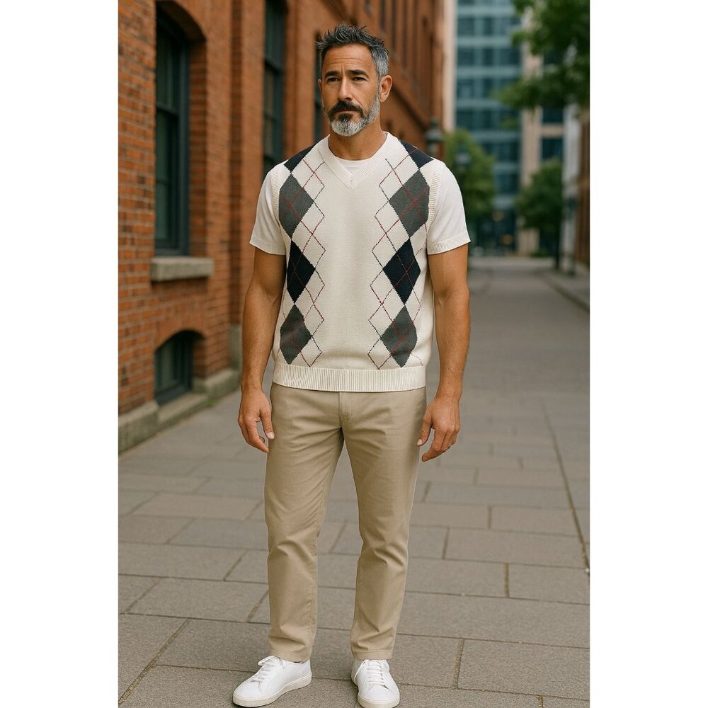 Nautica Mens XL Sweater Vest White Argyle V Neck Pullover Preppy 100% Cotton